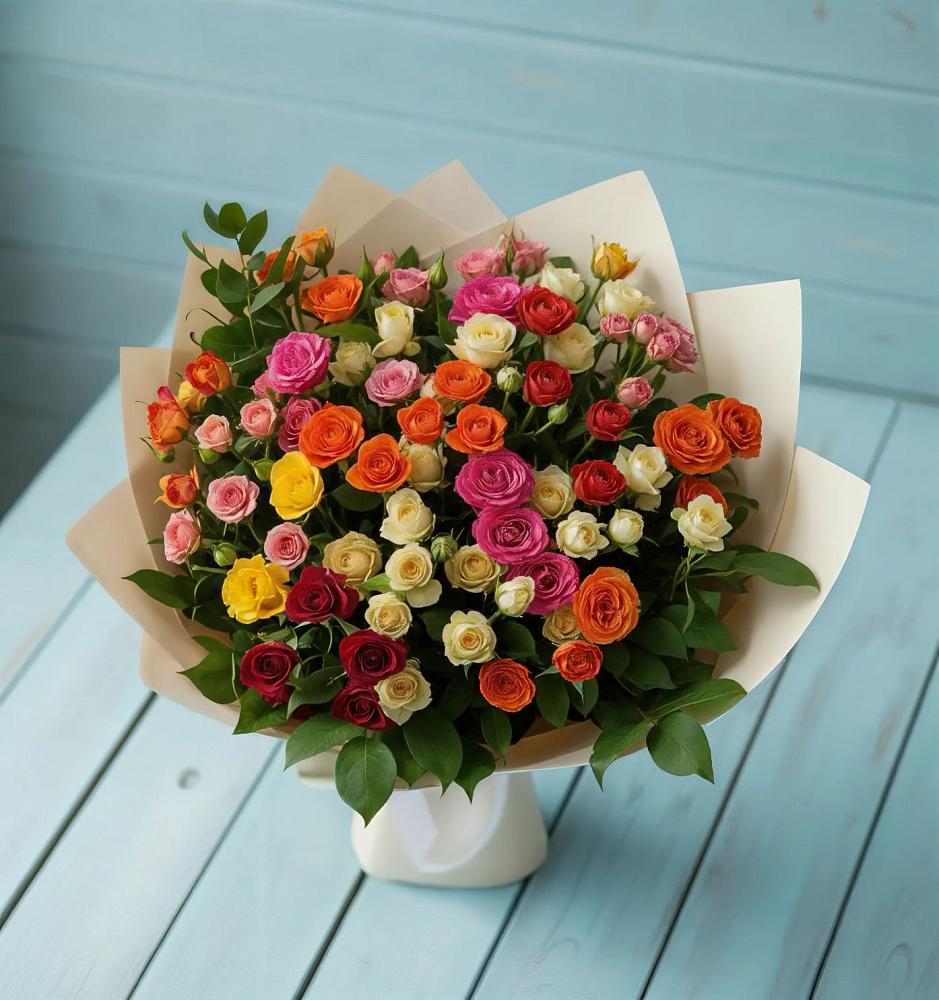Букет Микс из разноцветных кустовых роз в Александровке Донской